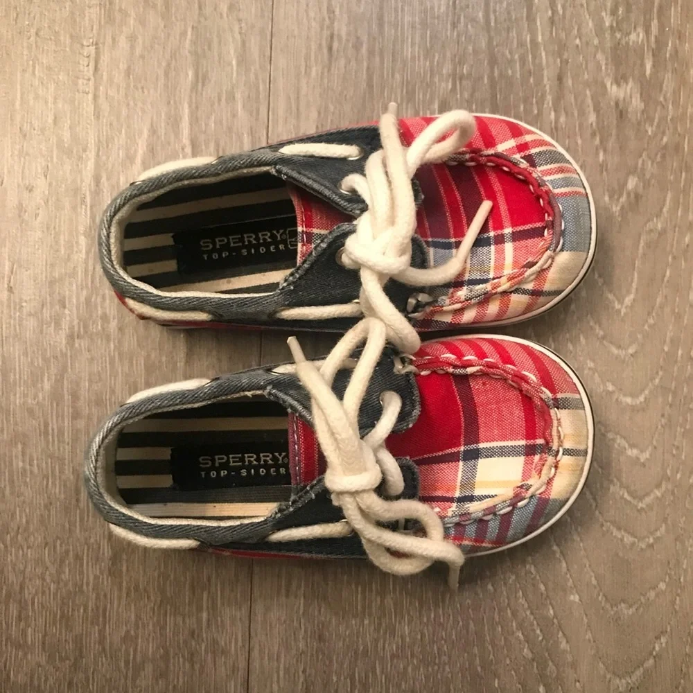 SPERRY Bahama‎ Crib Plaid Canvas Lace Up Boat Shoes Baby Size 4M (4 Months).​